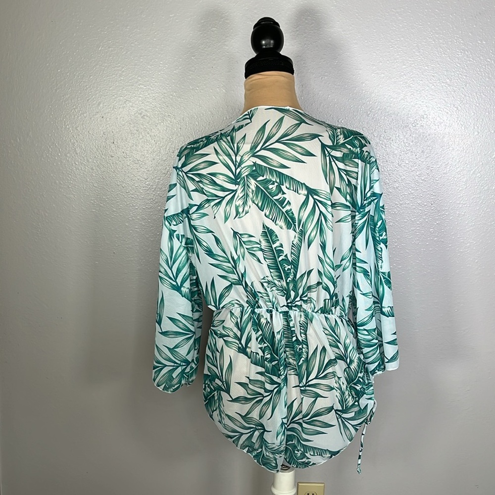 tropical leaf print mesh plunge swimsuit cover up romper L | Miami resortwear - Picture 4 of 9